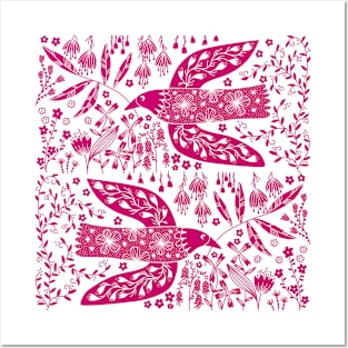 Doves and Flowers Magenta Hot Pink Posters and Art